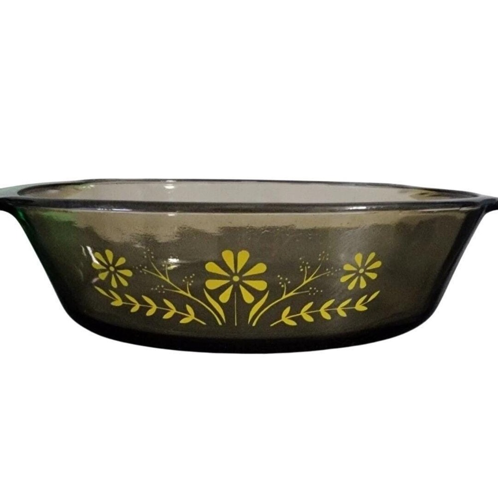 Vintage Glasbake Smoked Amber Jeanette Casserole Dish Yellow Floral Daisy 1.5 Qt